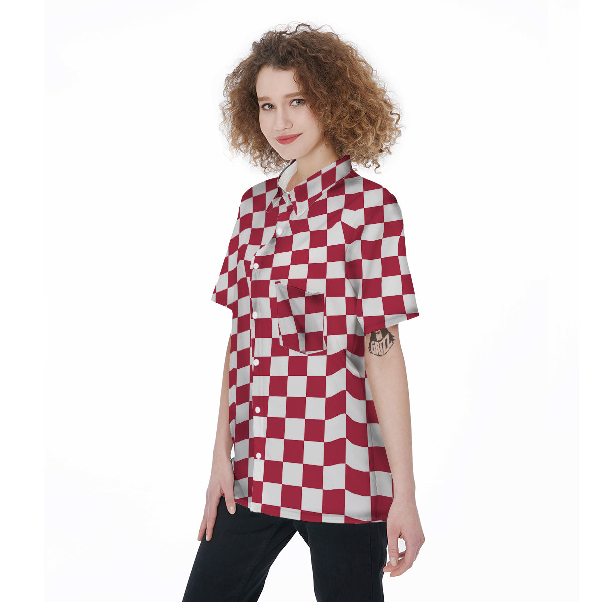 Maroon Checkered Flag Print Women's Short Sleeve Shirts-grizzshop