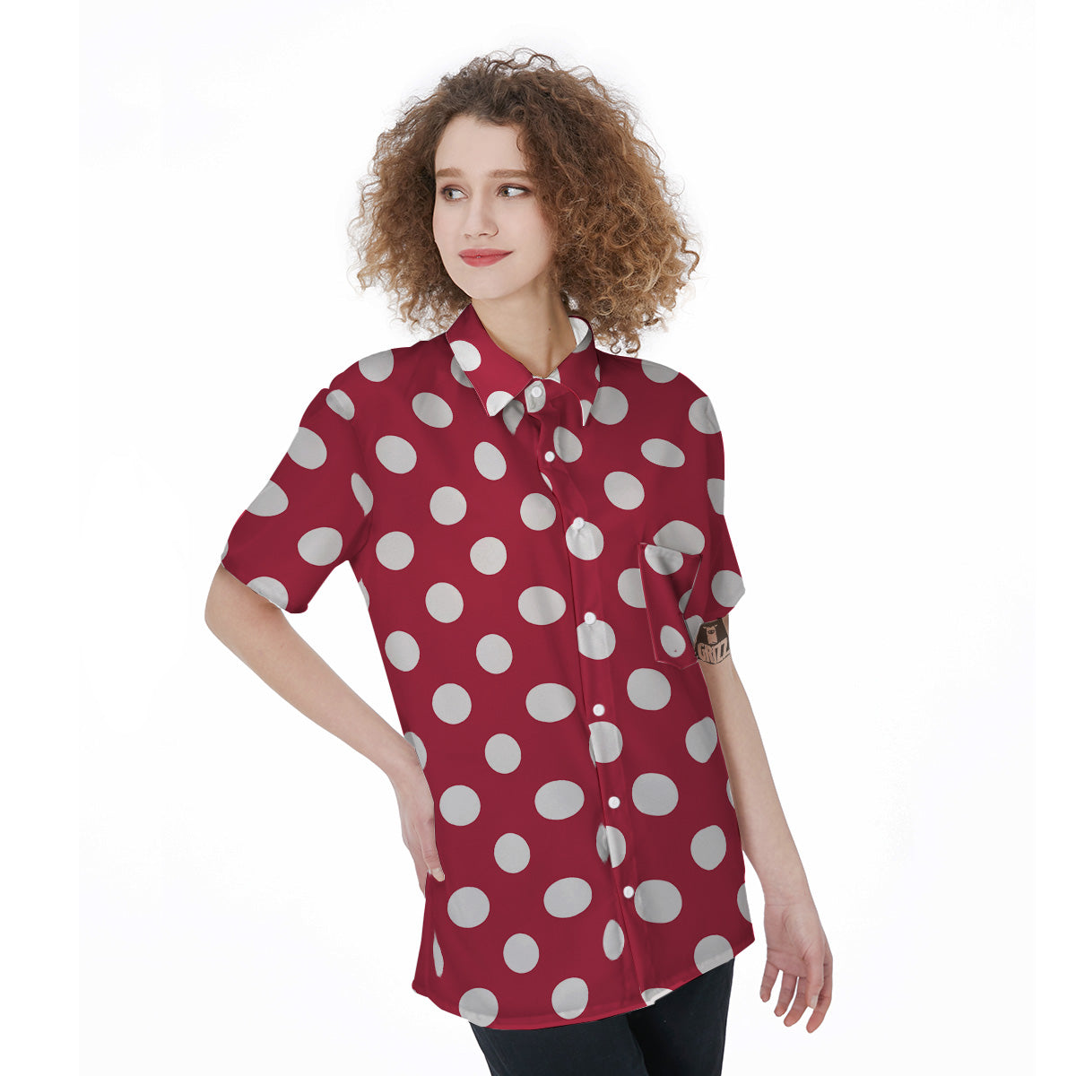 Maroon Color Polka Dot Print Pattern Women's Short Sleeve Shirts-grizzshop