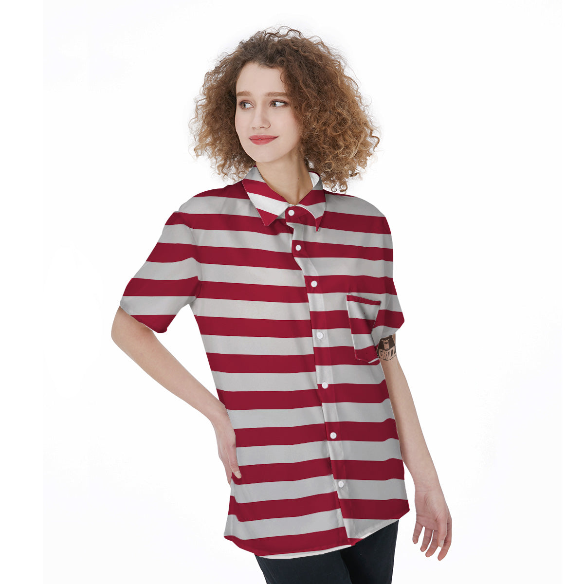 Maroon Color Striped Print Women's Short Sleeve Shirts-grizzshop
