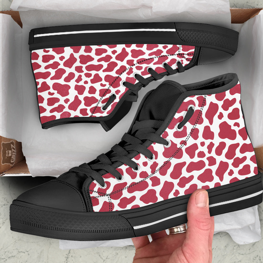 Maroon Cow Print Pattern Black High Top Shoes-grizzshop