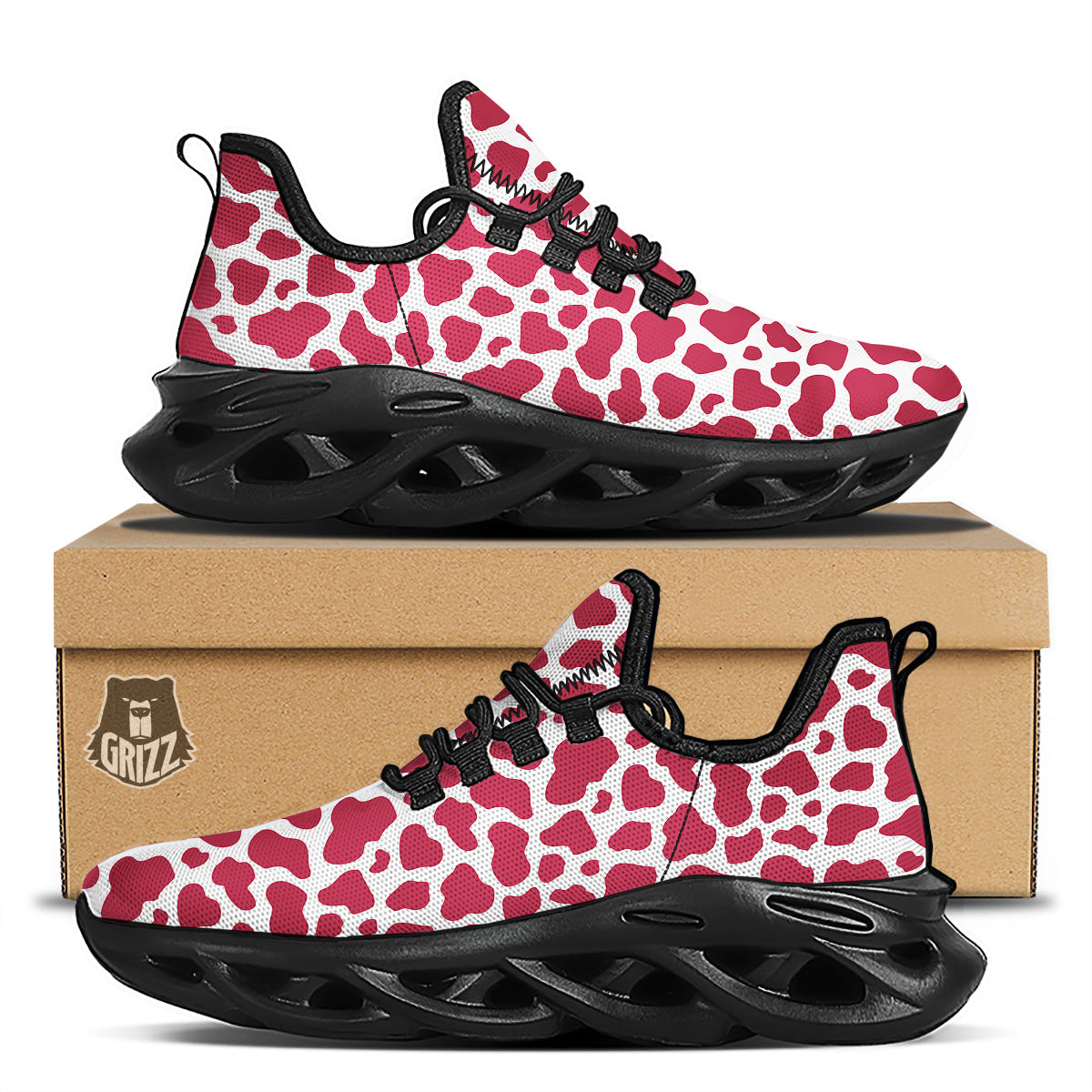 Maroon Cow Print Pattern Black Running Shoes-grizzshop