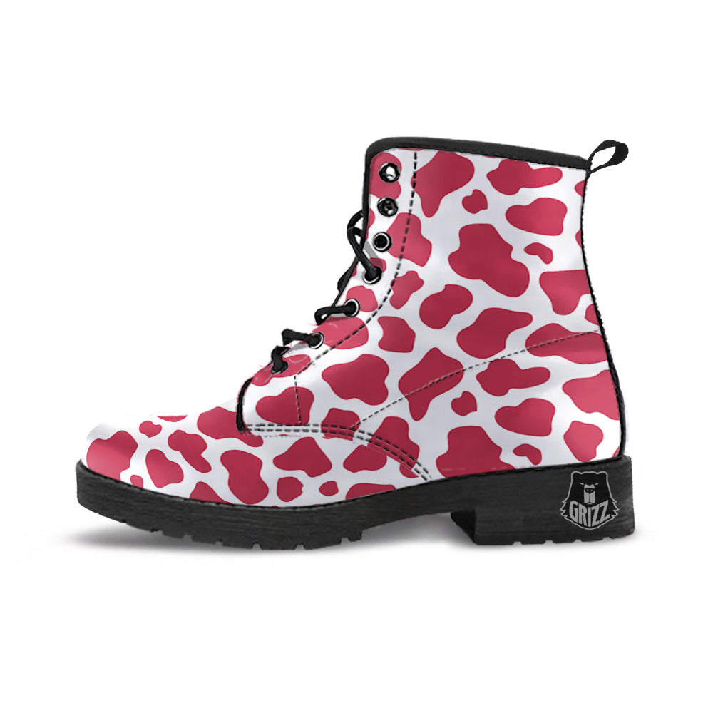 Maroon Cow Print Pattern Leather Boots-grizzshop