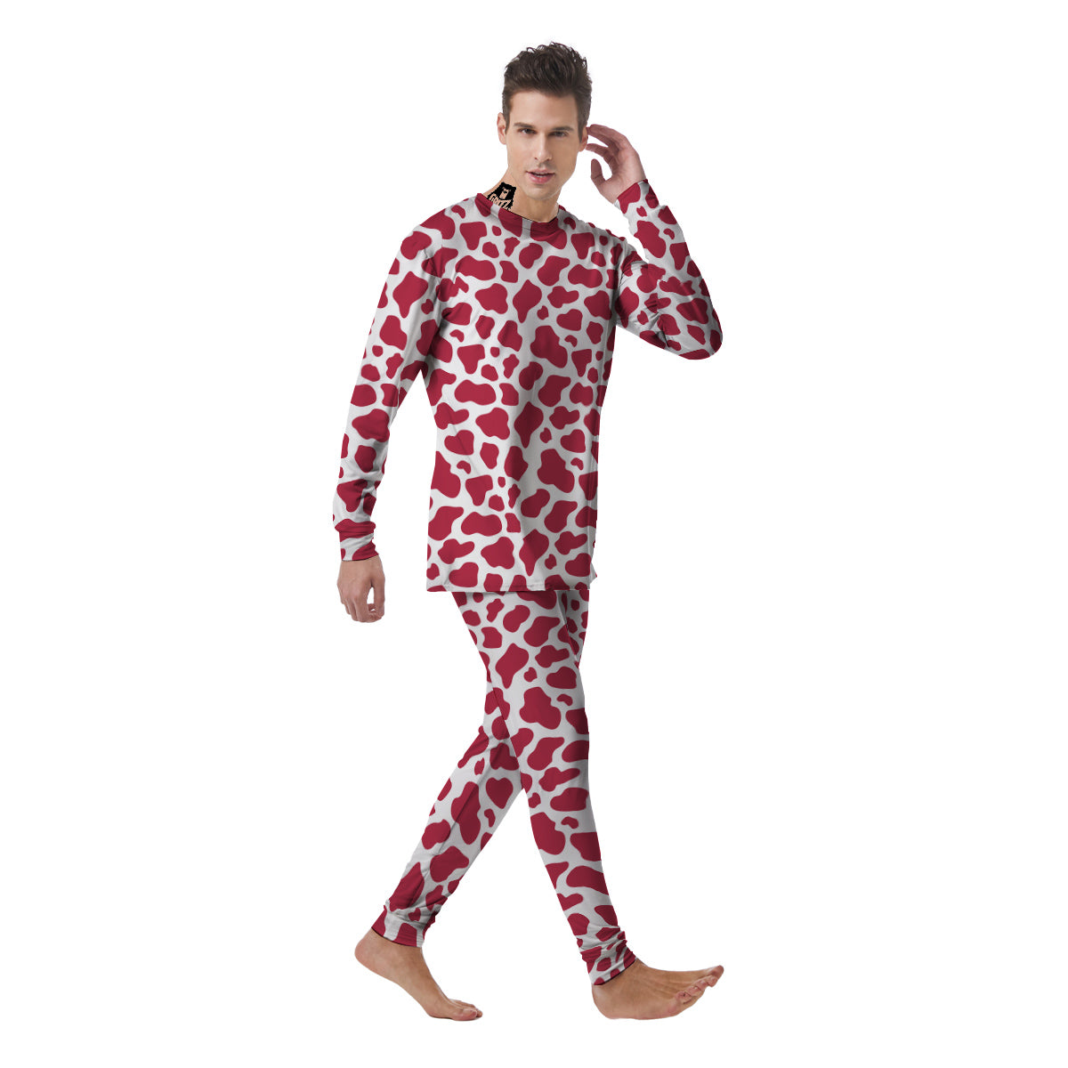 Maroon Cow Print Pattern Men's Pajamas-grizzshop