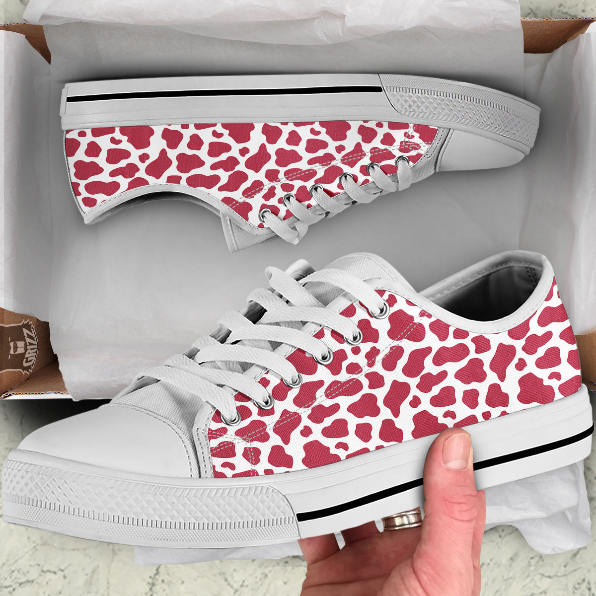 Maroon Cow Print Pattern White Low Top Shoes-grizzshop