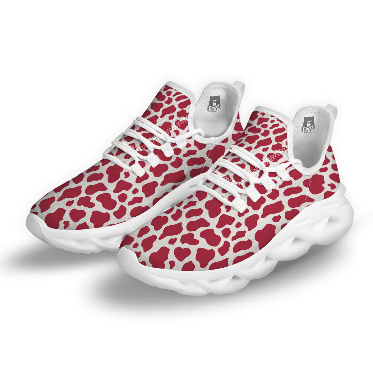 Maroon Cow Print Pattern White Running Shoes-grizzshop