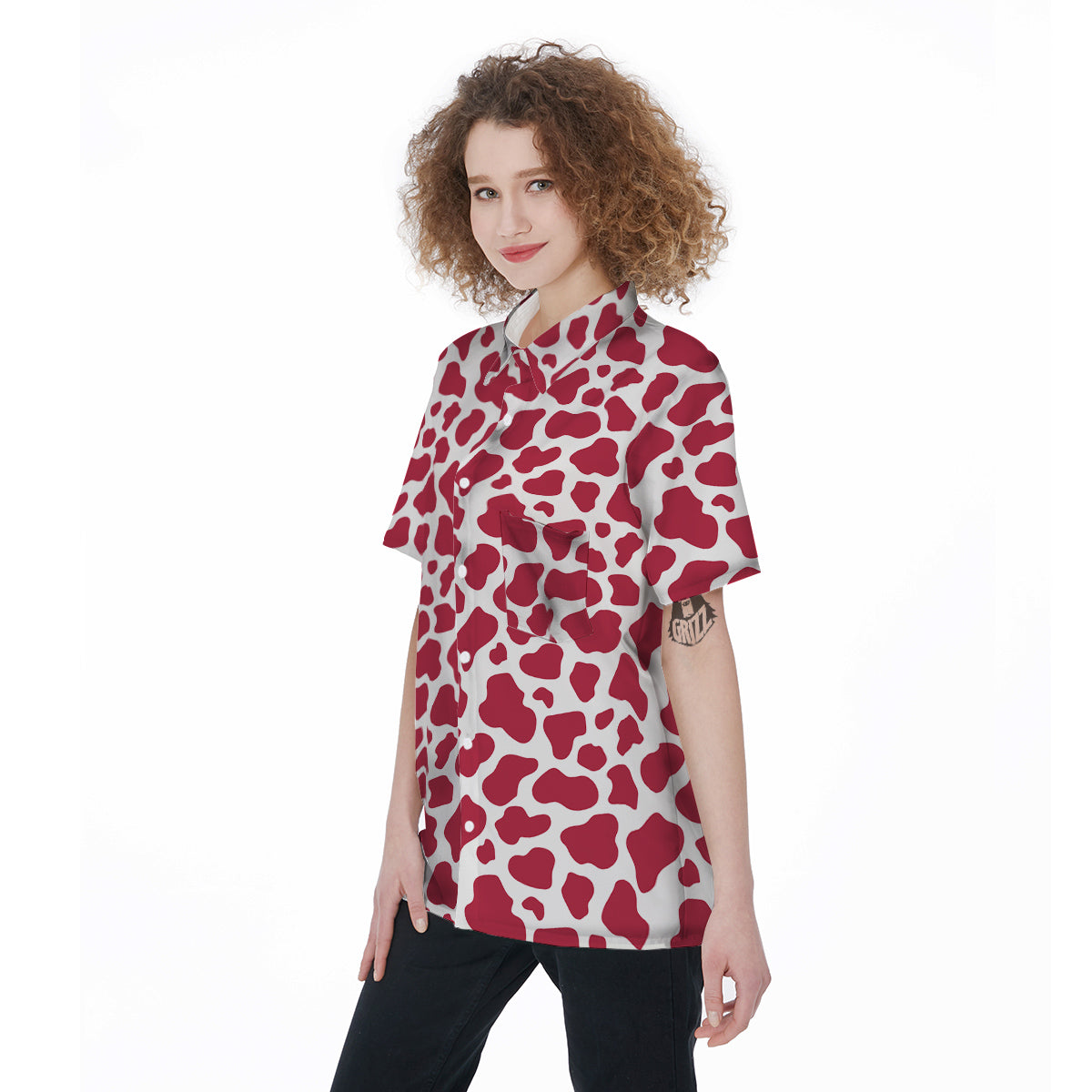 Maroon Cow Print Pattern Women's Short Sleeve Shirts-grizzshop