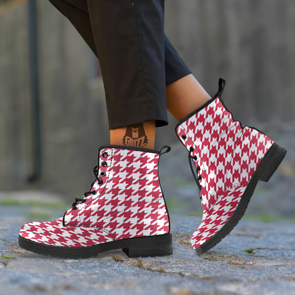 Maroon Houndstooth Print Leather Boots-grizzshop