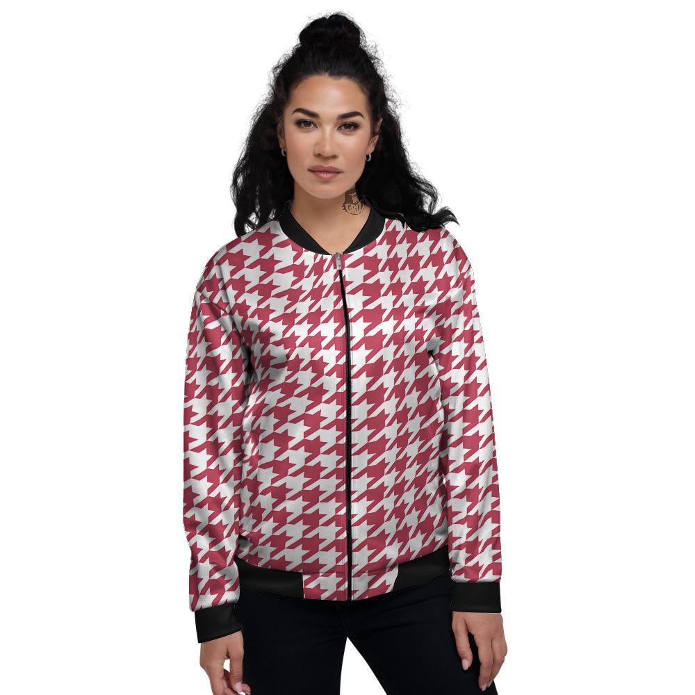 Maroon Houndstooth Print Women's Bomber Jacket-grizzshop