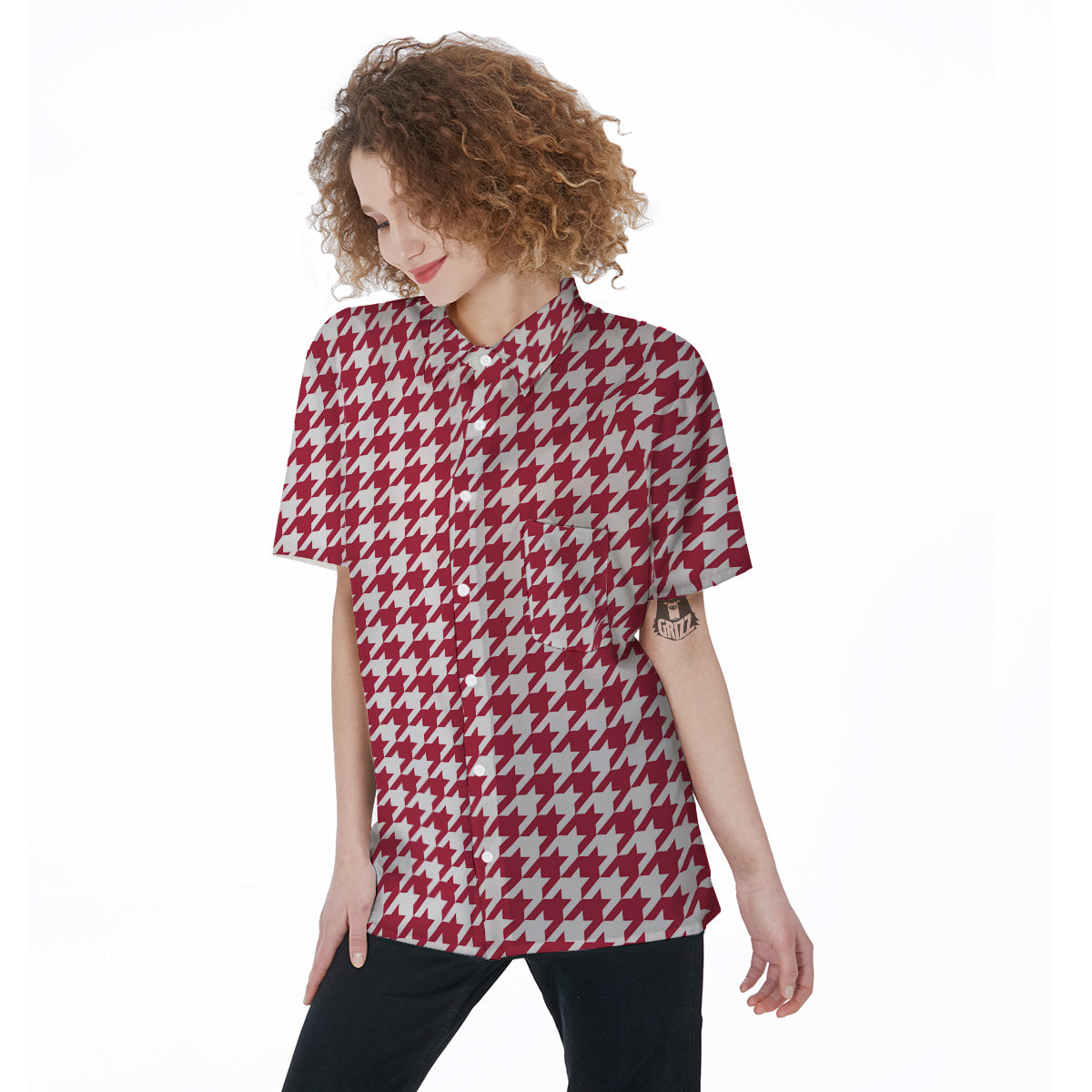 Maroon Houndstooth Print Women's Short Sleeve Shirts-grizzshop