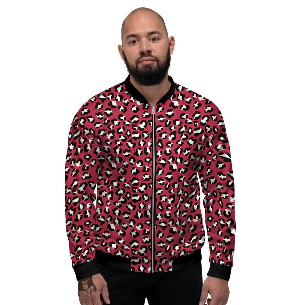 Maroon Leopard Print Pattern Men's Bomber Jacket-grizzshop