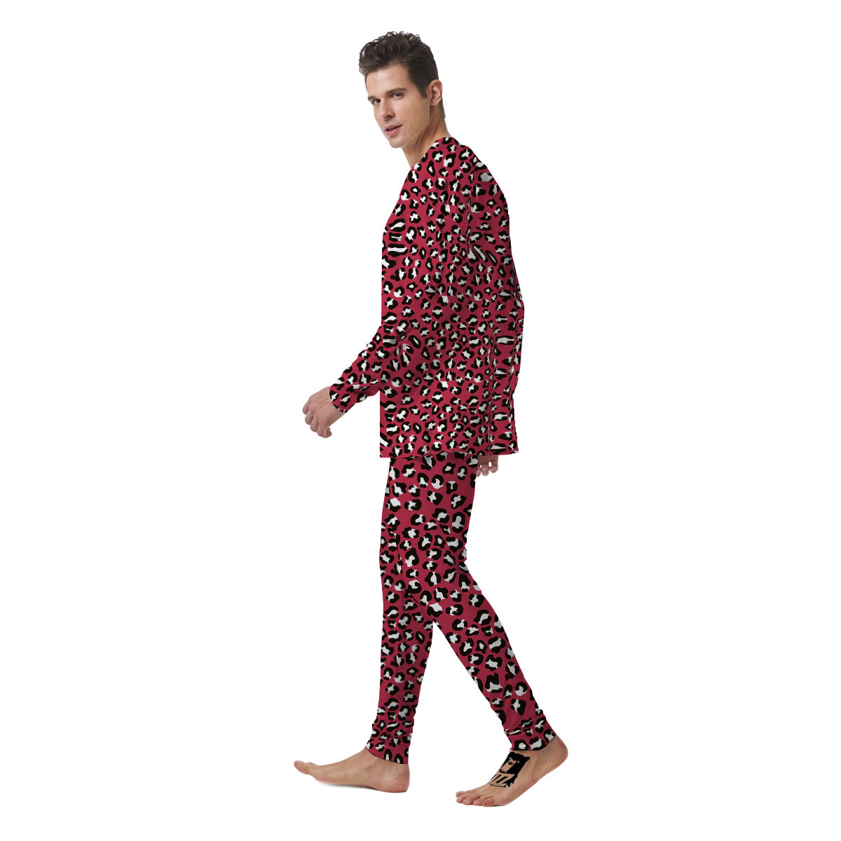 Maroon Leopard Print Pattern Men's Pajamas-grizzshop