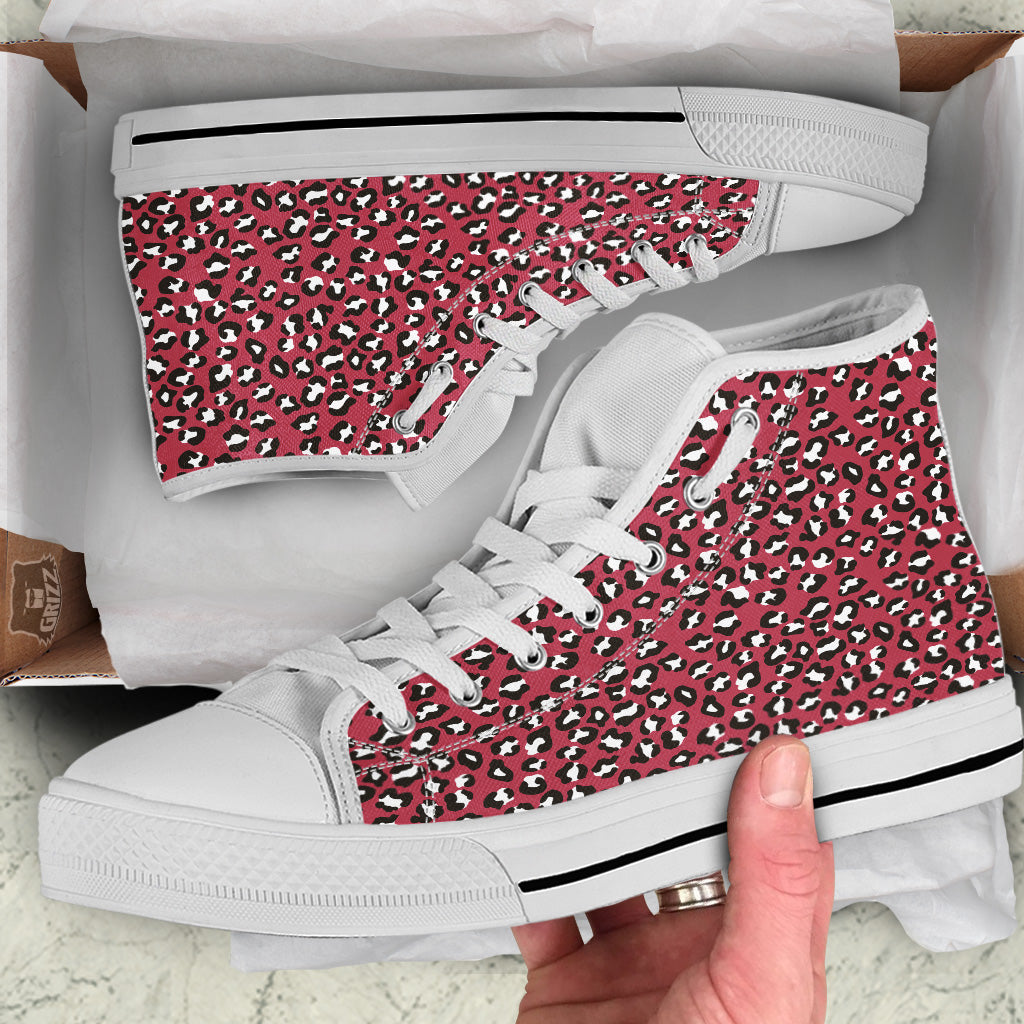 Maroon Leopard Print Pattern White High Top Shoes-grizzshop