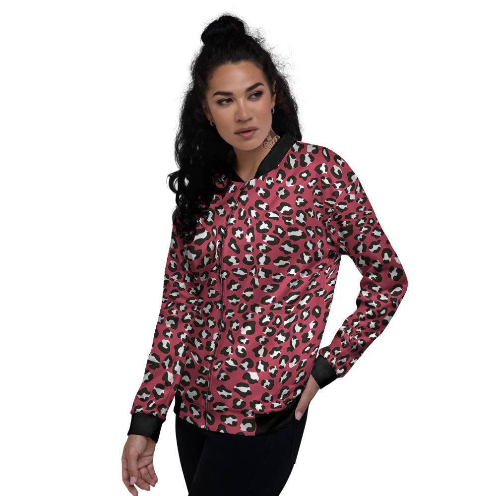 Maroon Leopard Print Pattern Women's Bomber Jacket-grizzshop