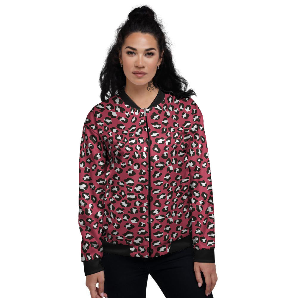 Maroon Leopard Print Pattern Women's Bomber Jacket-grizzshop