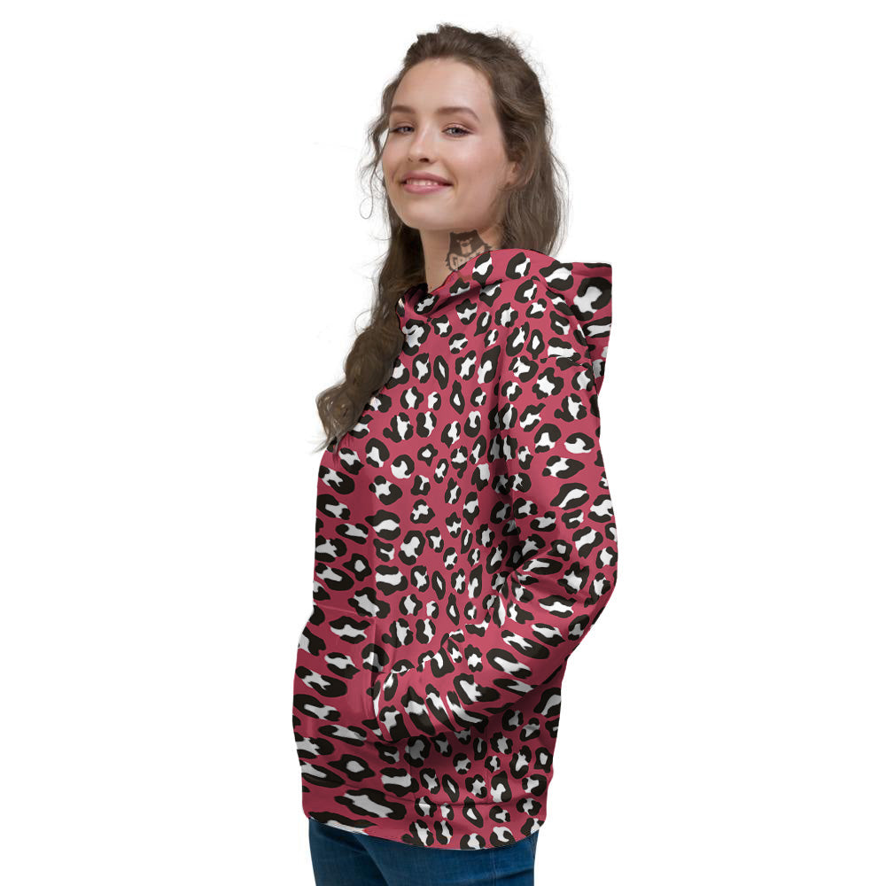 Maroon Leopard Print Pattern Women's Hoodie-grizzshop