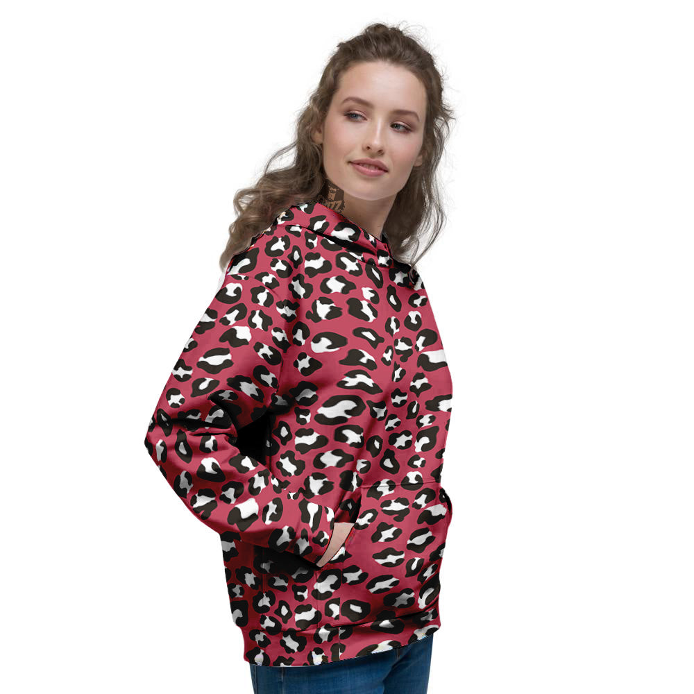 Maroon Leopard Print Pattern Women's Hoodie-grizzshop