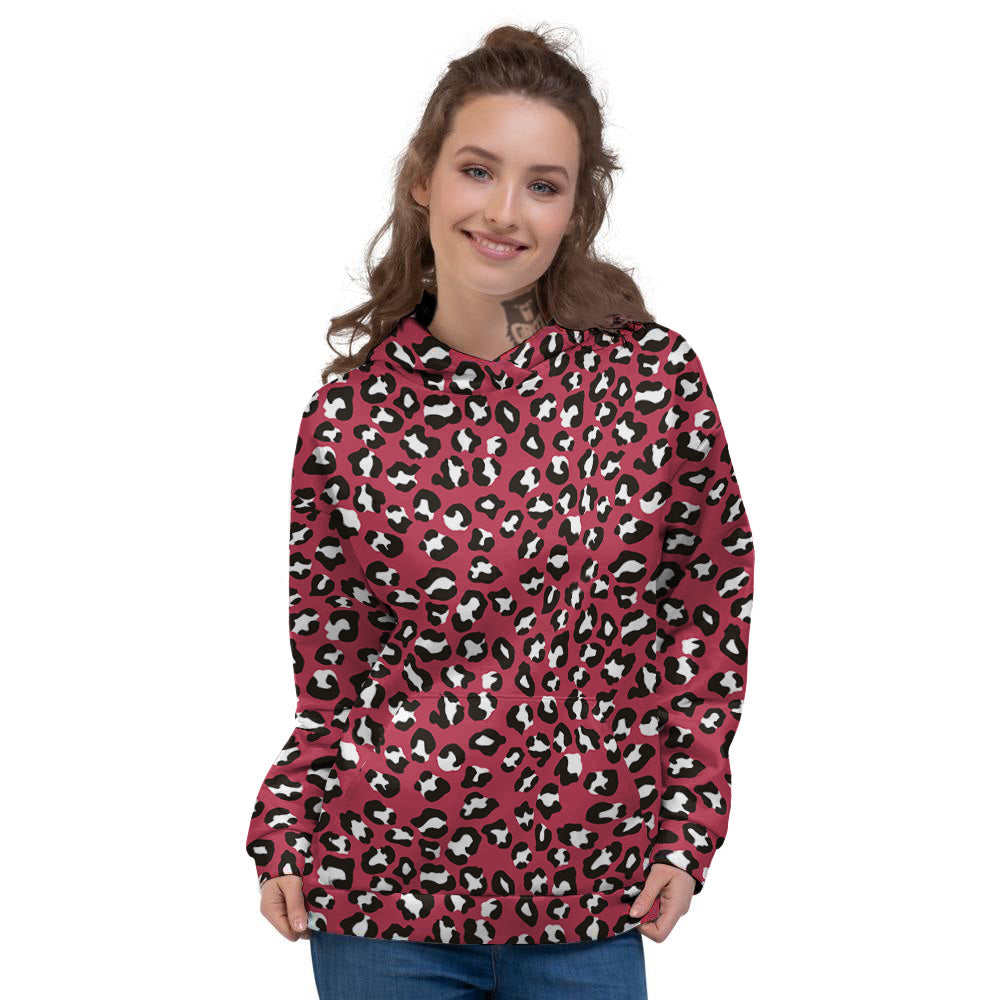 Maroon Leopard Print Pattern Women's Hoodie-grizzshop