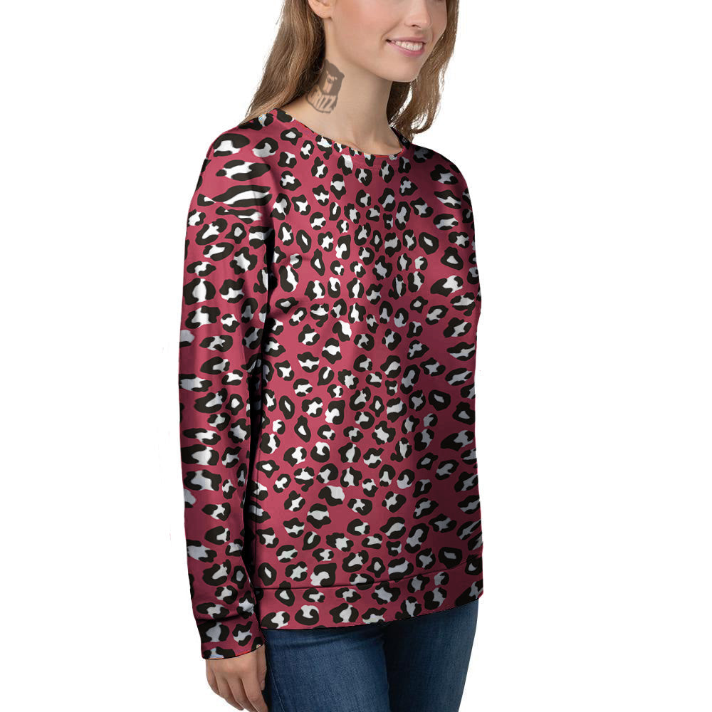 Maroon Leopard Print Pattern Women's Sweatshirt-grizzshop