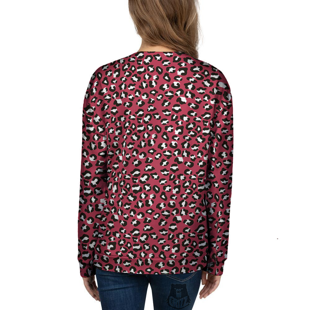Maroon Leopard Print Pattern Women's Sweatshirt-grizzshop