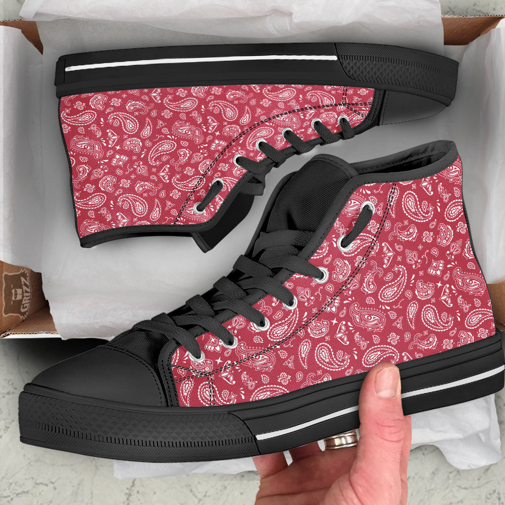 Maroon Paisley Bandana Print Black High Top Shoes-grizzshop