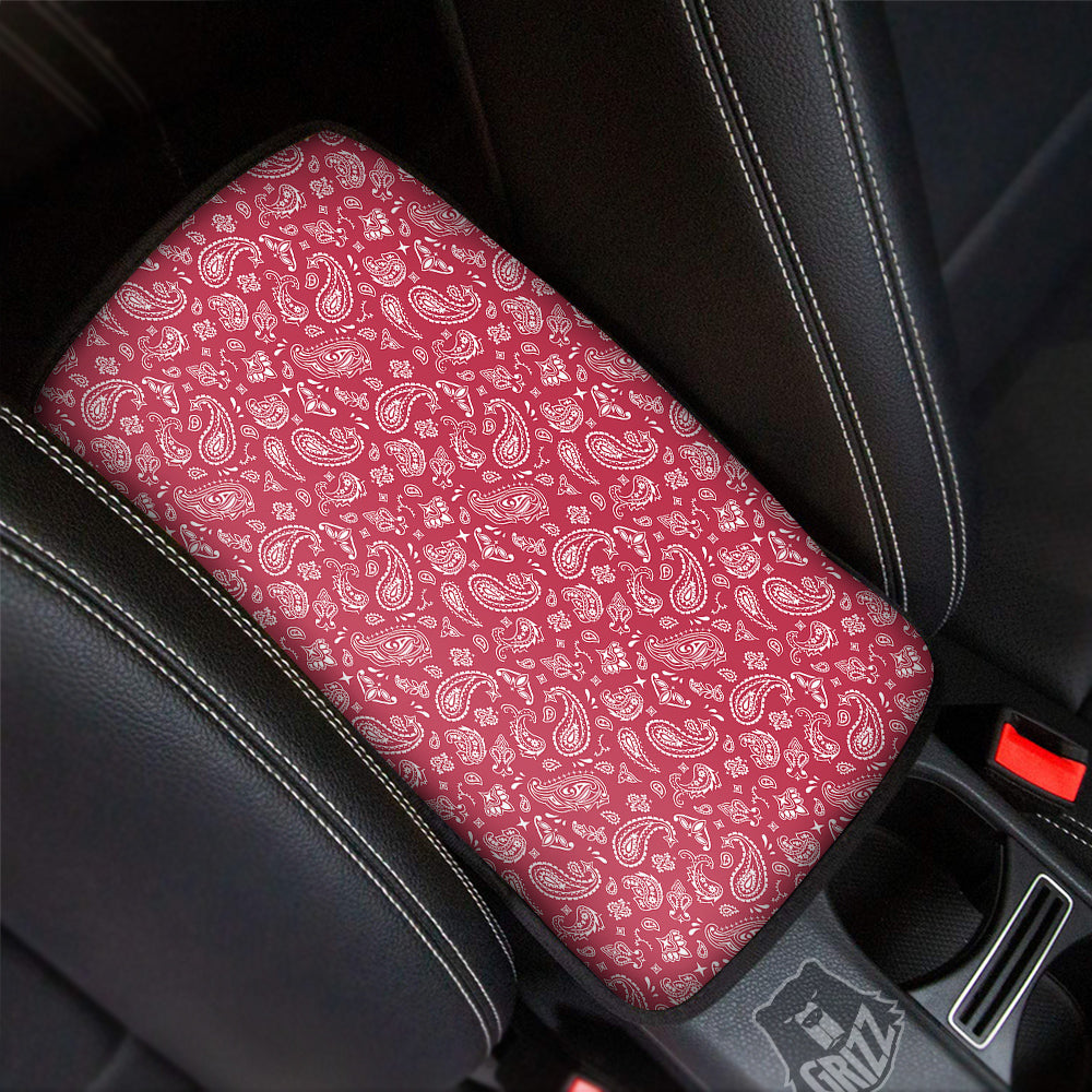 Maroon Paisley Bandana Print Car Center Console Cover-grizzshop