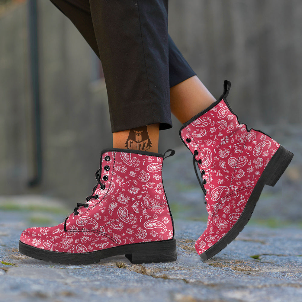 Maroon Paisley Bandana Print Leather Boots-grizzshop