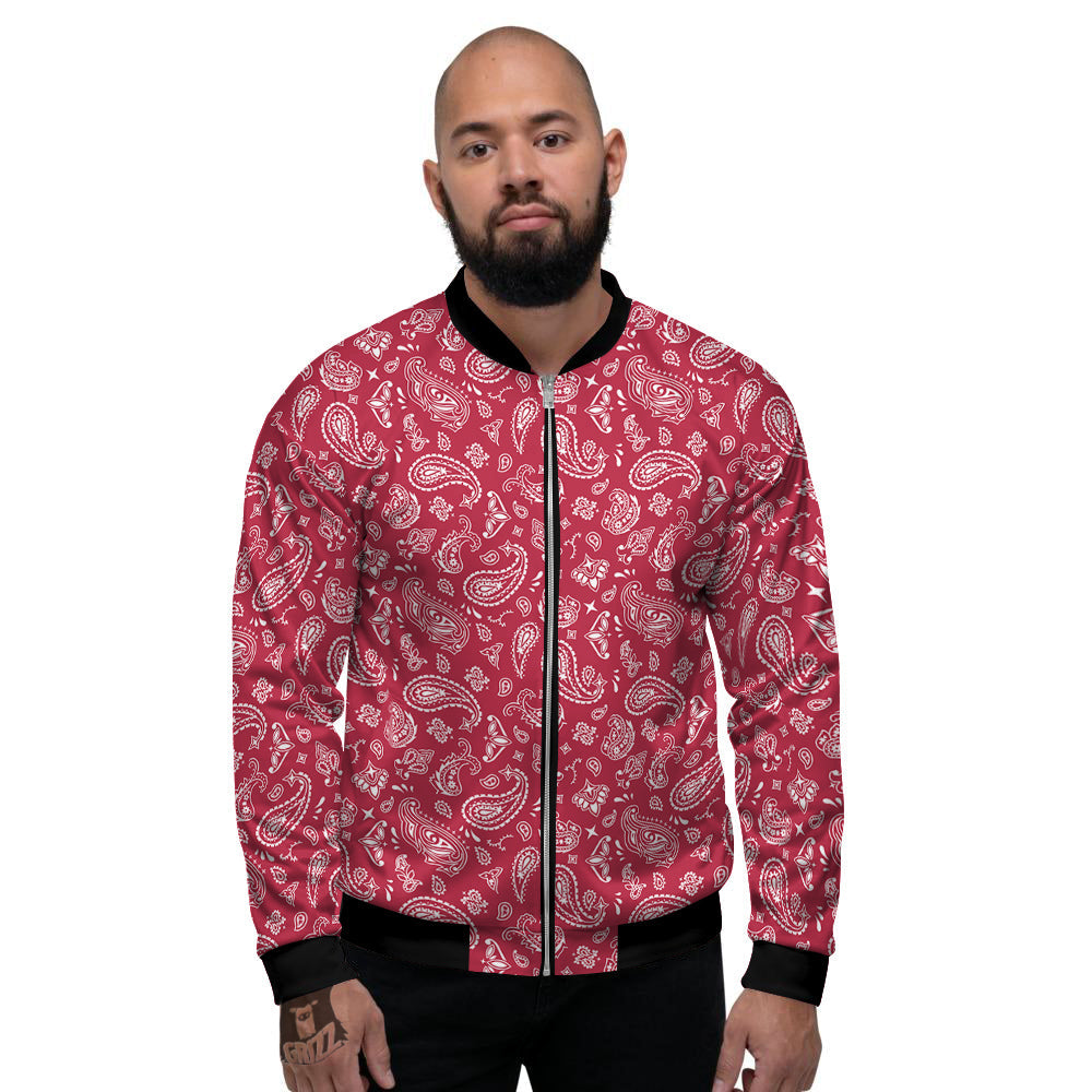 Maroon Paisley Bandana Print Men's Bomber Jacket-grizzshop