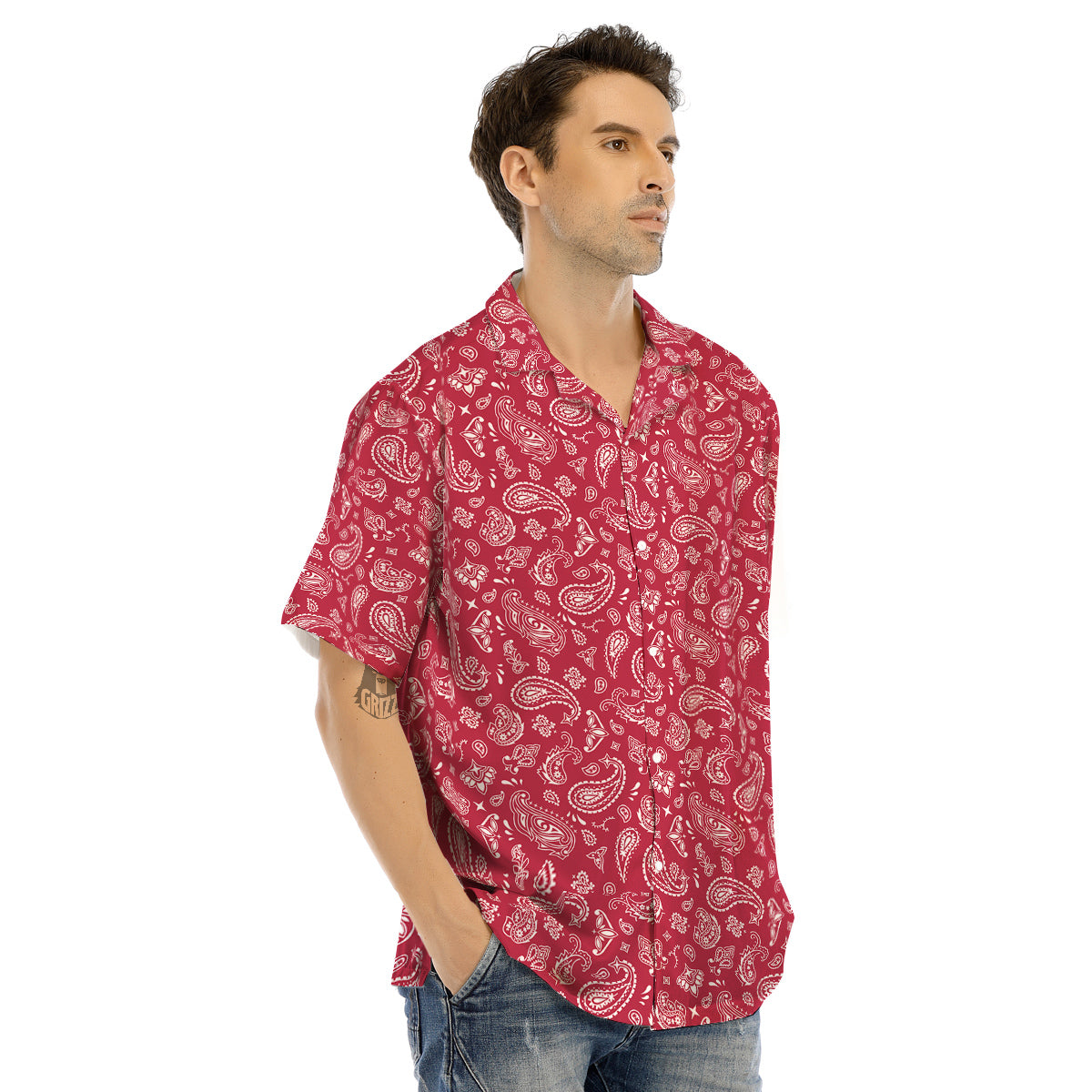 Maroon Paisley Bandana Print Men’s Hawaiian Shirt-grizzshop