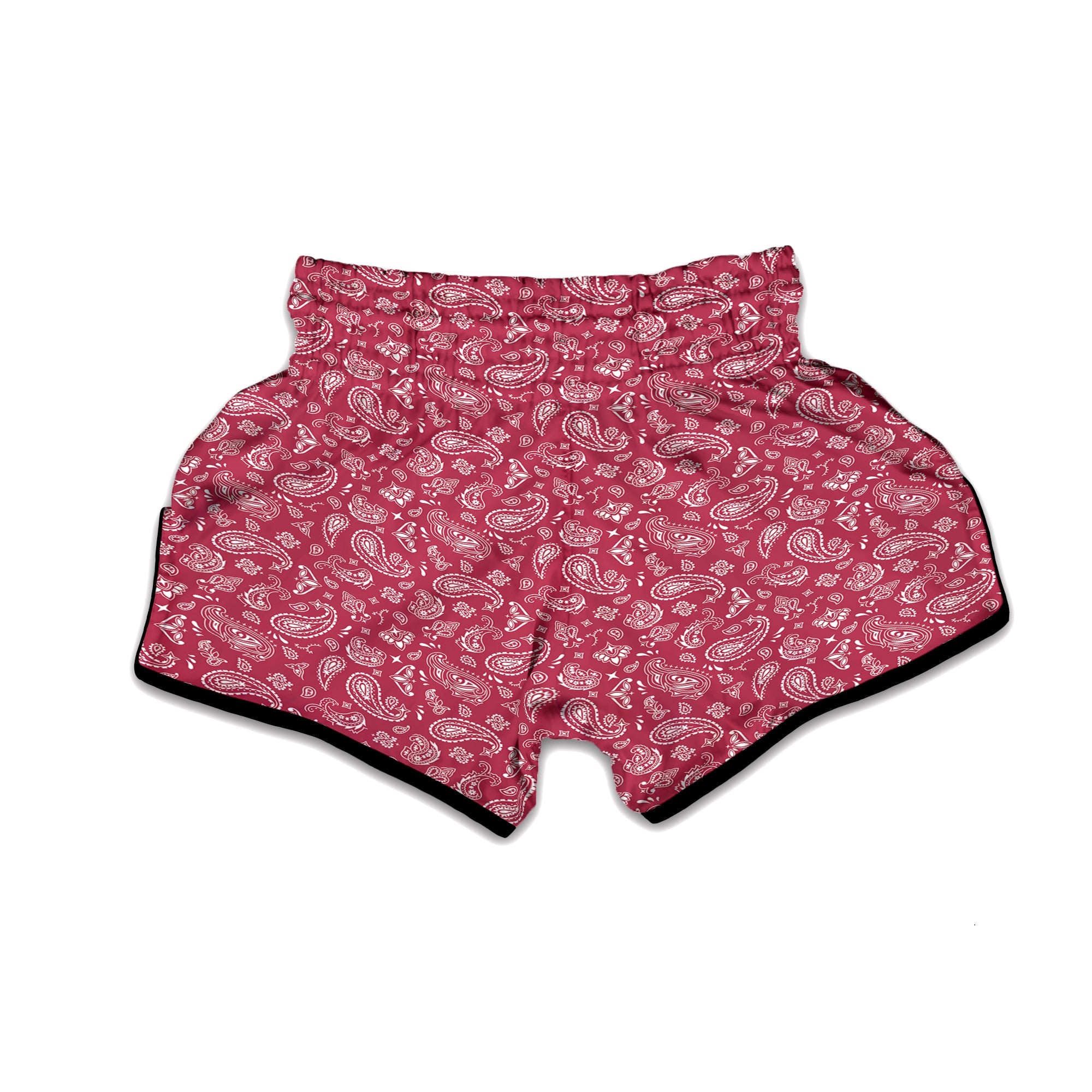 Maroon Paisley Bandana Print Muay Thai Boxing Shorts-grizzshop