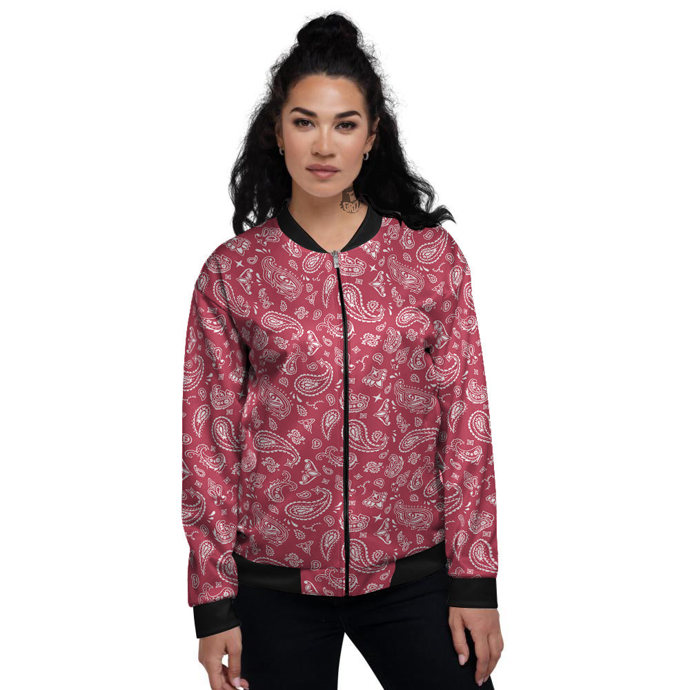 Maroon Paisley Bandana Print Women's Bomber Jacket-grizzshop