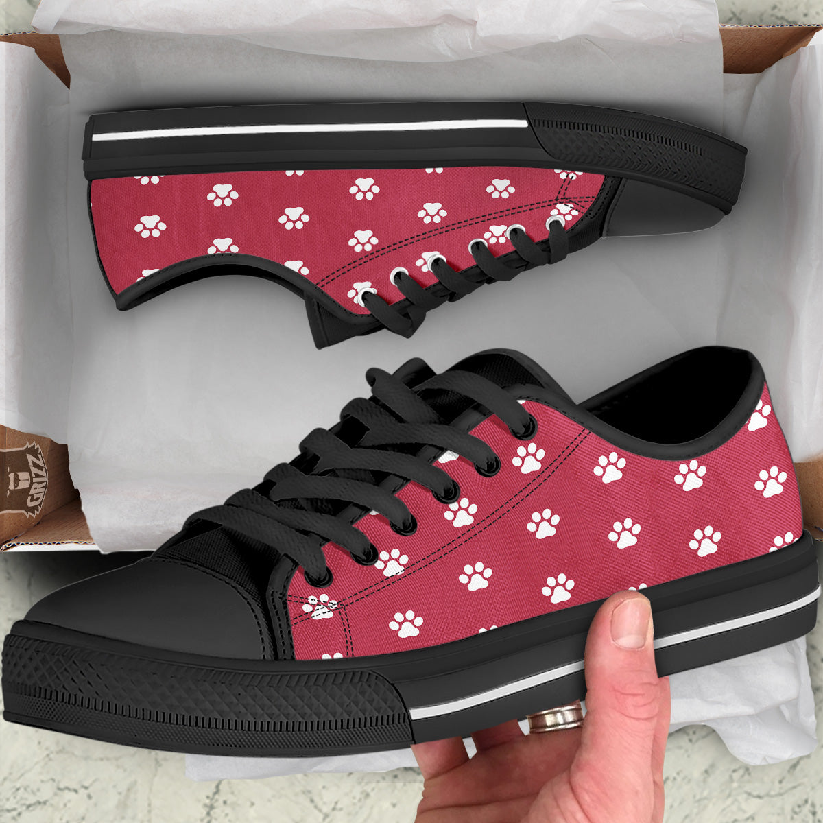 Maroon Paw Print Black Low Top Shoes-grizzshop