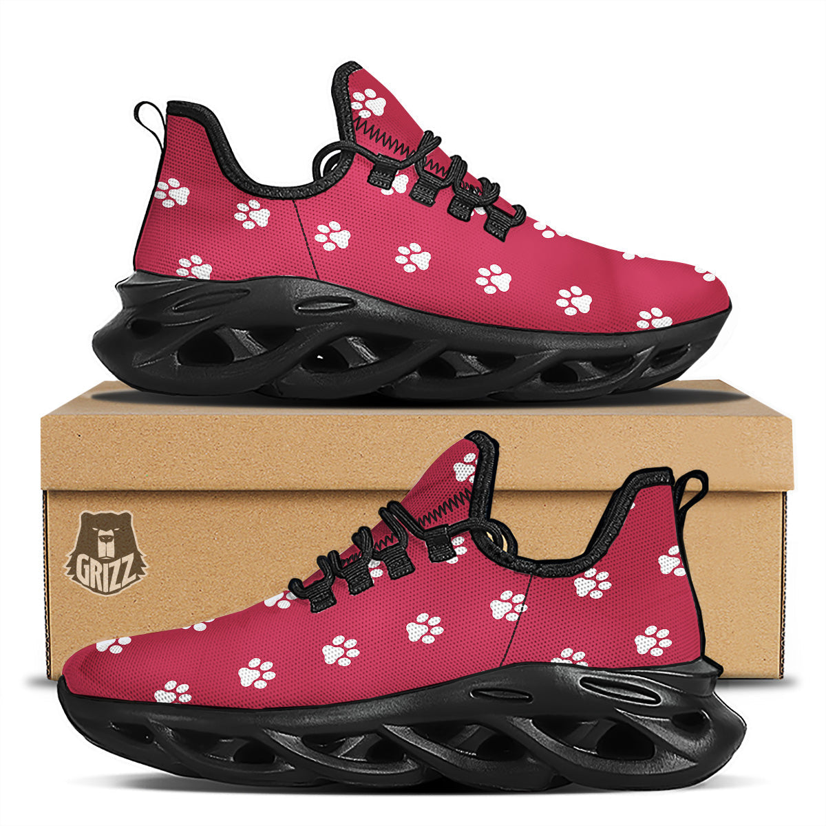 Maroon Paw Print Black Running Shoes-grizzshop
