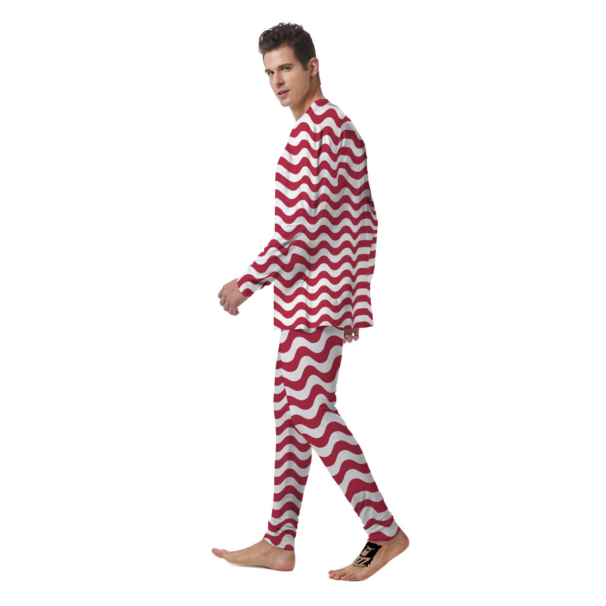 Maroon Wave Striped Print Men's Pajamas-grizzshop