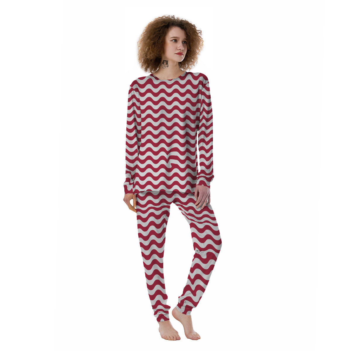 Maroon Wave Striped Print Women's Pajamas-grizzshop