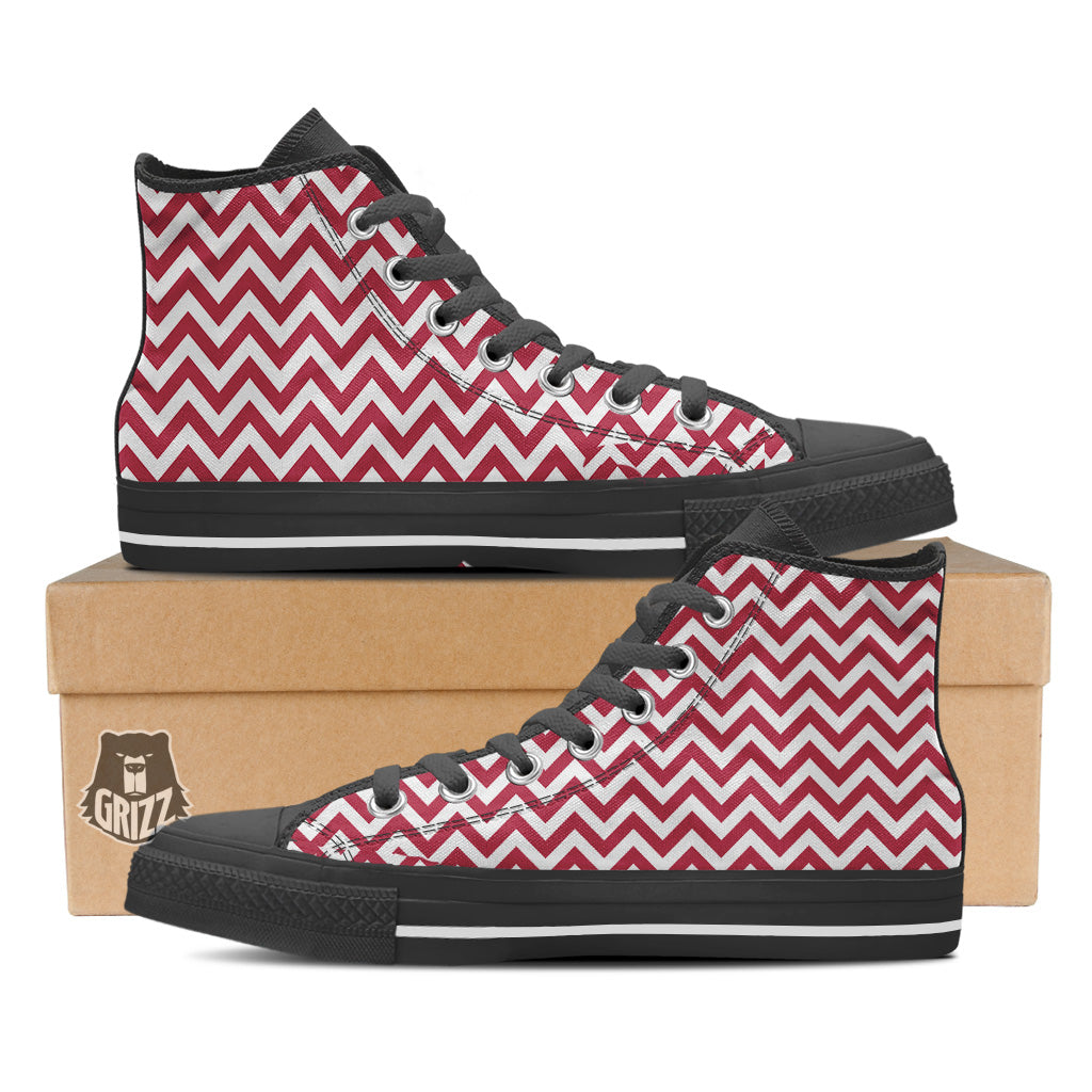 Maroon Zigzag Print Pattern Black High Top Shoes-grizzshop