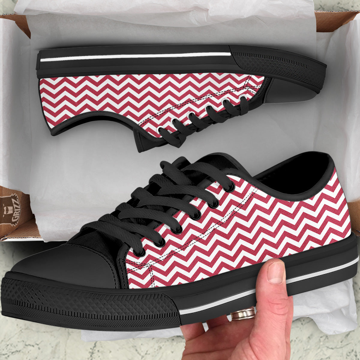 Maroon Zigzag Print Pattern Black Low Top Shoes-grizzshop