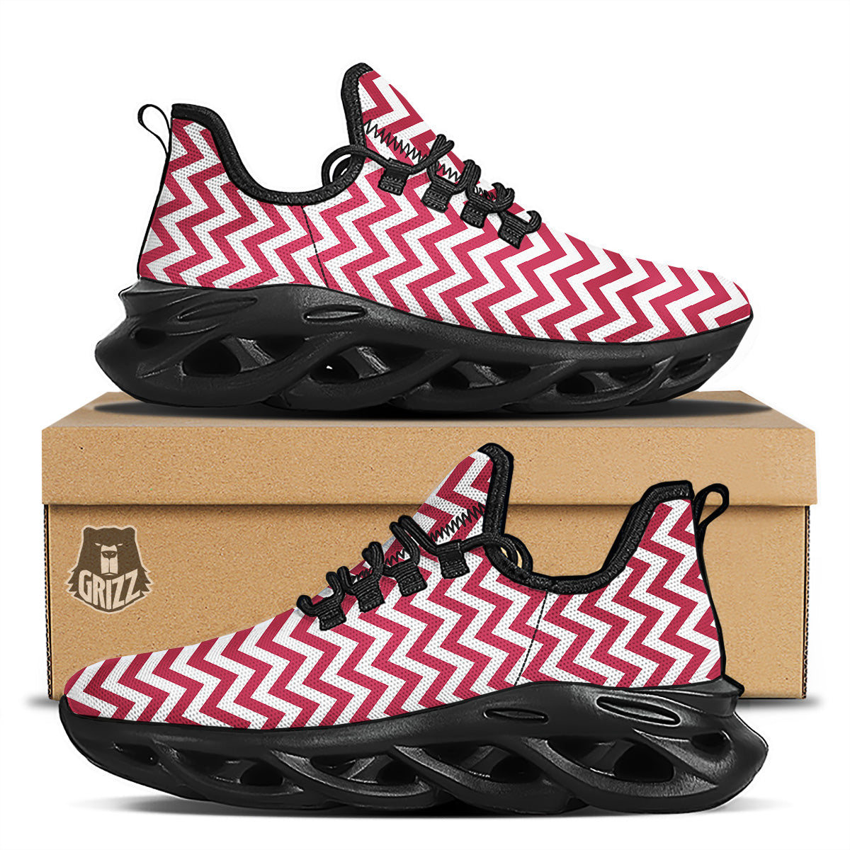 Maroon Zigzag Print Pattern Black Running Shoes-grizzshop
