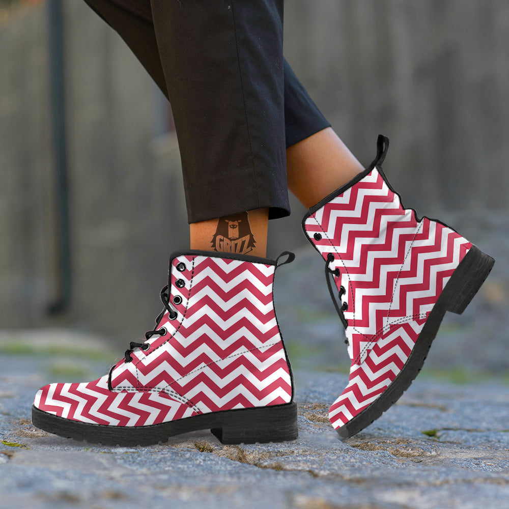 Maroon Zigzag Print Pattern Leather Boots-grizzshop