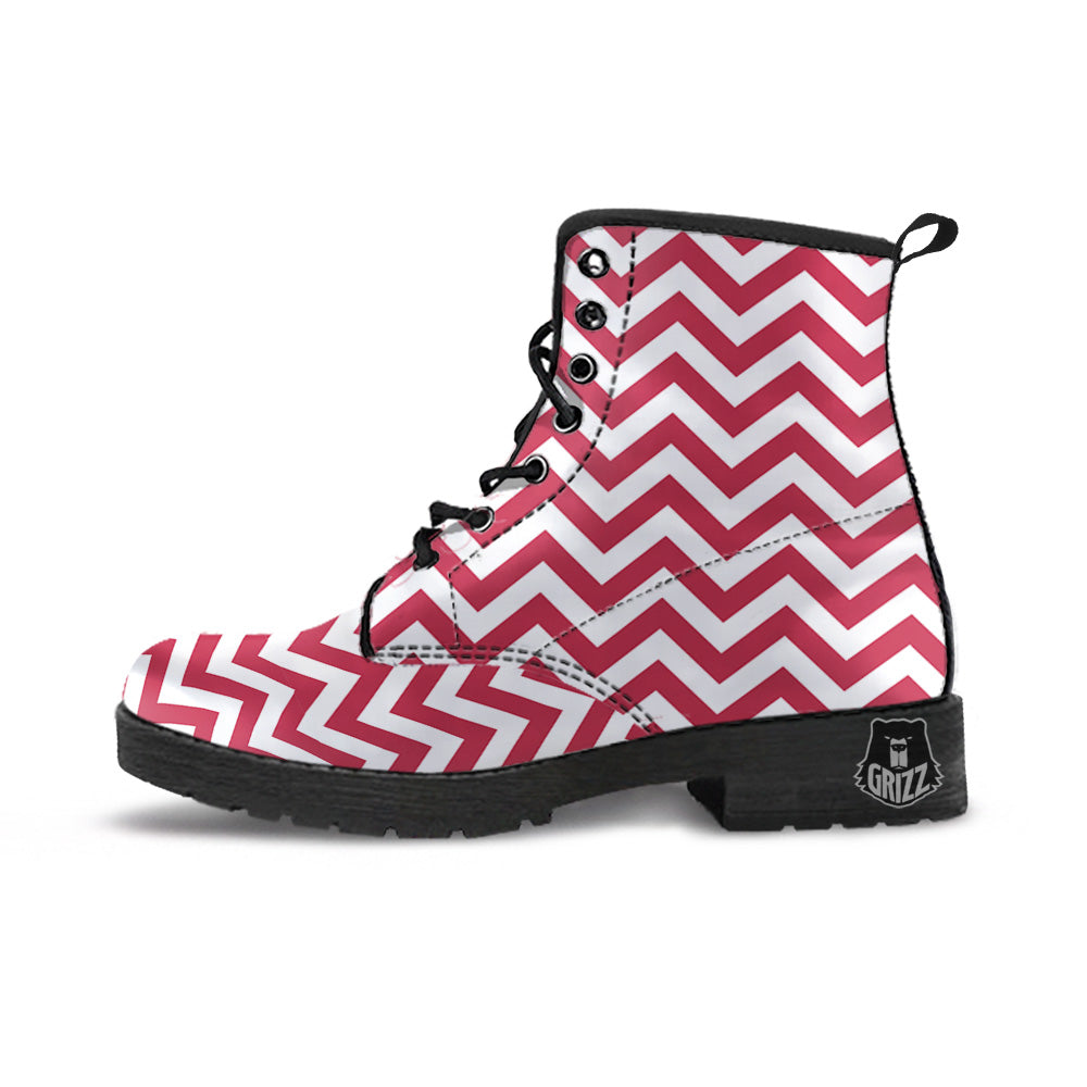 Maroon Zigzag Print Pattern Leather Boots-grizzshop