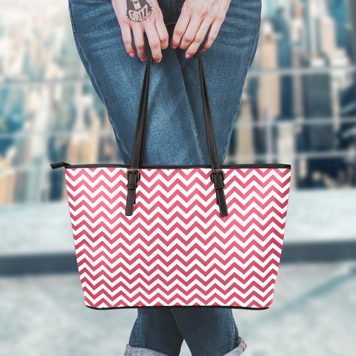Maroon Zigzag Print Pattern Leather Tote Bag-grizzshop