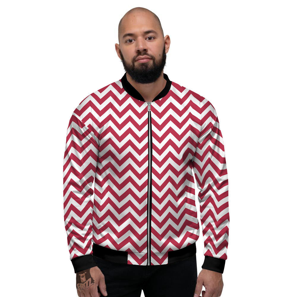 Maroon Zigzag Print Pattern Men's Bomber Jacket-grizzshop