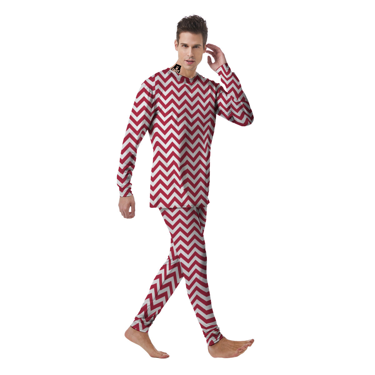 Maroon Zigzag Print Pattern Men's Pajamas-grizzshop