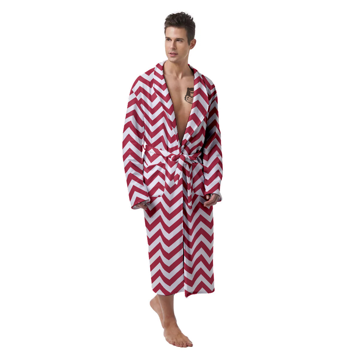Maroon Zigzag Print Pattern Men's Robe-grizzshop