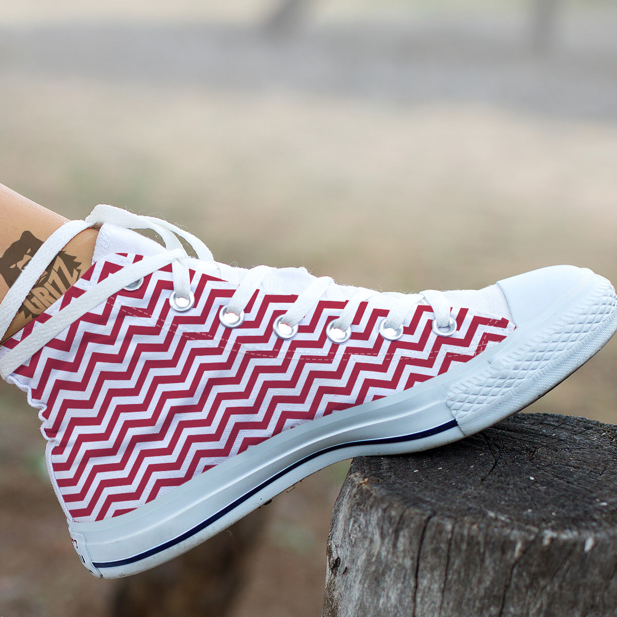 Maroon Zigzag Print Pattern White High Top Shoes-grizzshop
