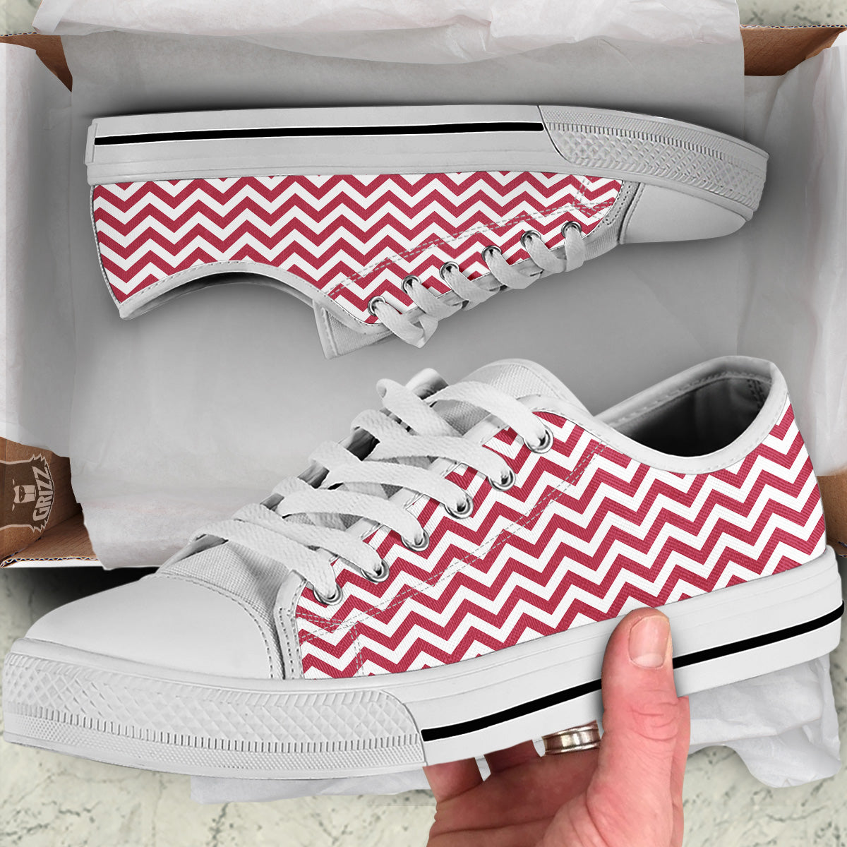 Maroon Zigzag Print Pattern White Low Top Shoes-grizzshop