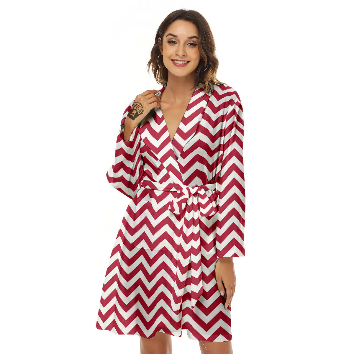 Maroon Zigzag Print Pattern Women's Robe-grizzshop