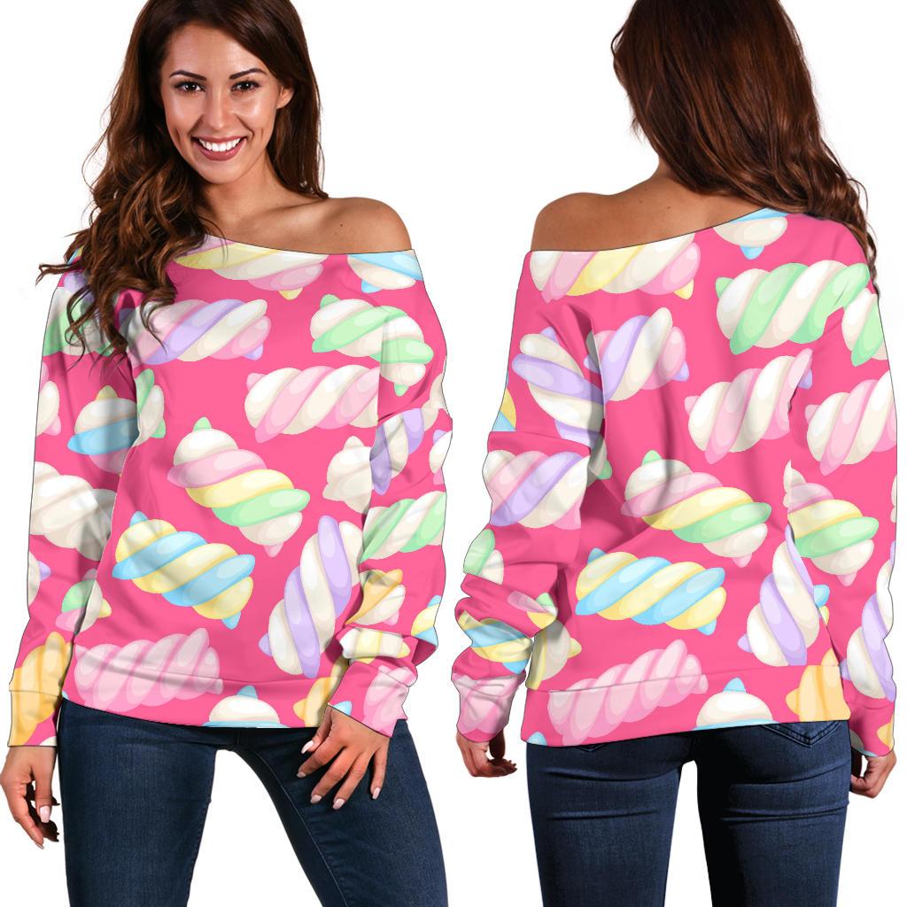 Marshmallow Pink Pattern Print Women Off Shoulder Sweatshirt-grizzshop