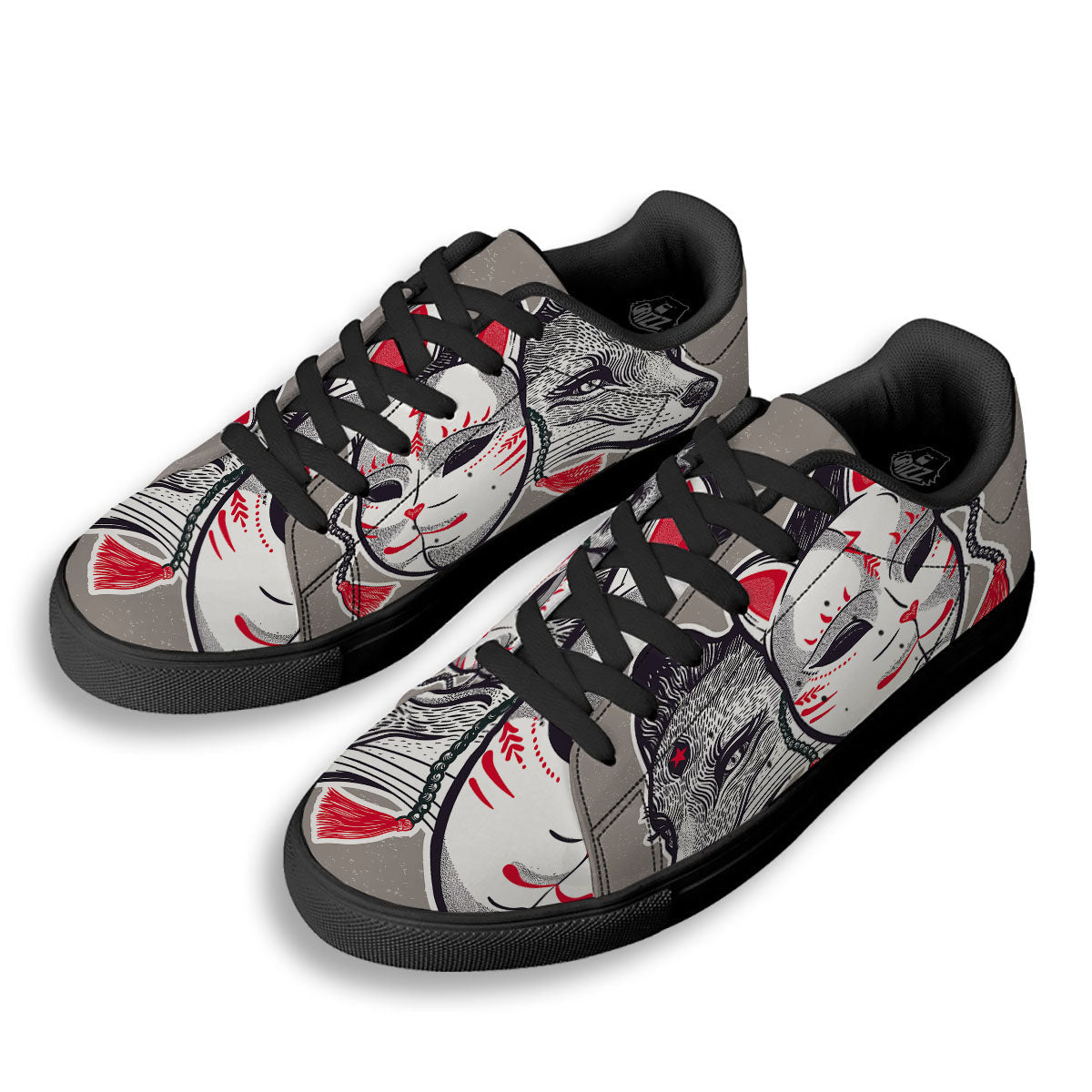 Mask Japanese Fox Print Black Low Top Sneakers-grizzshop