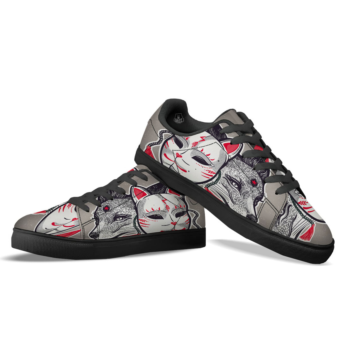 Mask Japanese Fox Print Black Low Top Sneakers-grizzshop