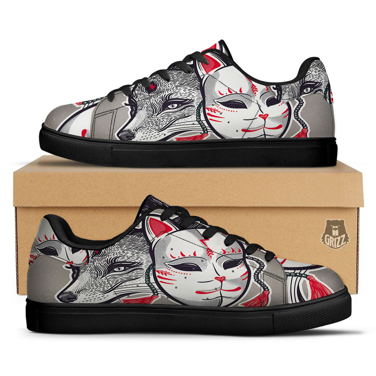 Mask Japanese Fox Print Black Low Top Sneakers-grizzshop